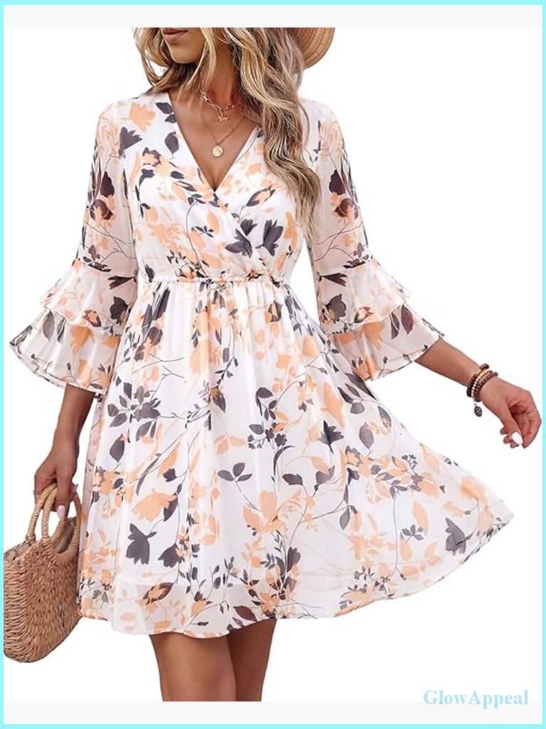 Double Layer Chiffon V-Neck Ruffle Sleeve A-Line Midi Dress